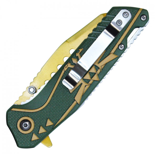 🗡️ Hero's Blade: 7-3/4" Assisted Open Pocket Knife | Gold/Green Fandom Edition