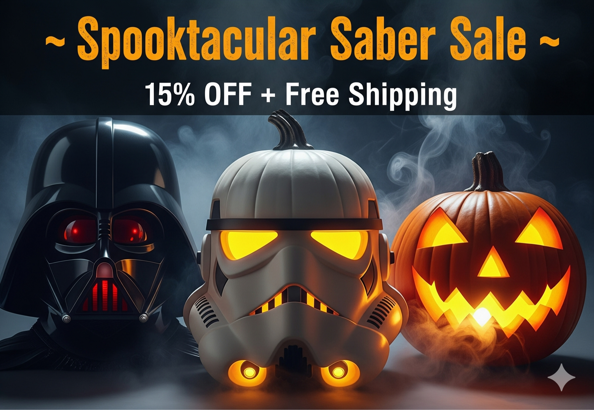Promotional graphic for 'Spooktacular Saber Sale' with Star Wars-themed sabers and pumpkins on a dark background.