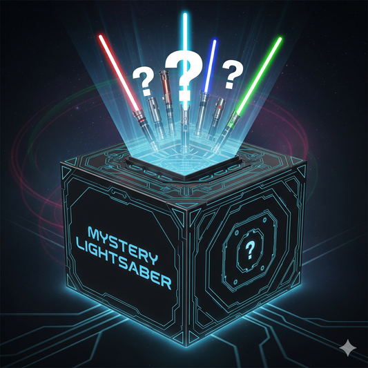 Mystery lightsaber box with glowing lightsabers and question marks on a dark background