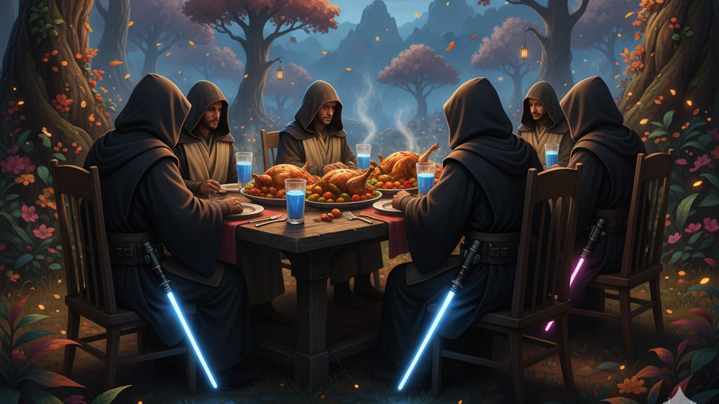 Group of hooded figures dining under a moonlit sky in a forest setting with glowing lanterns.