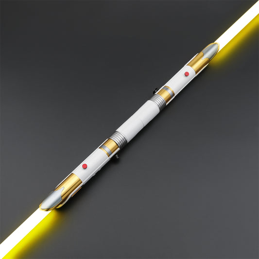 Light saber with white handle and yellow blade on a dark gray background