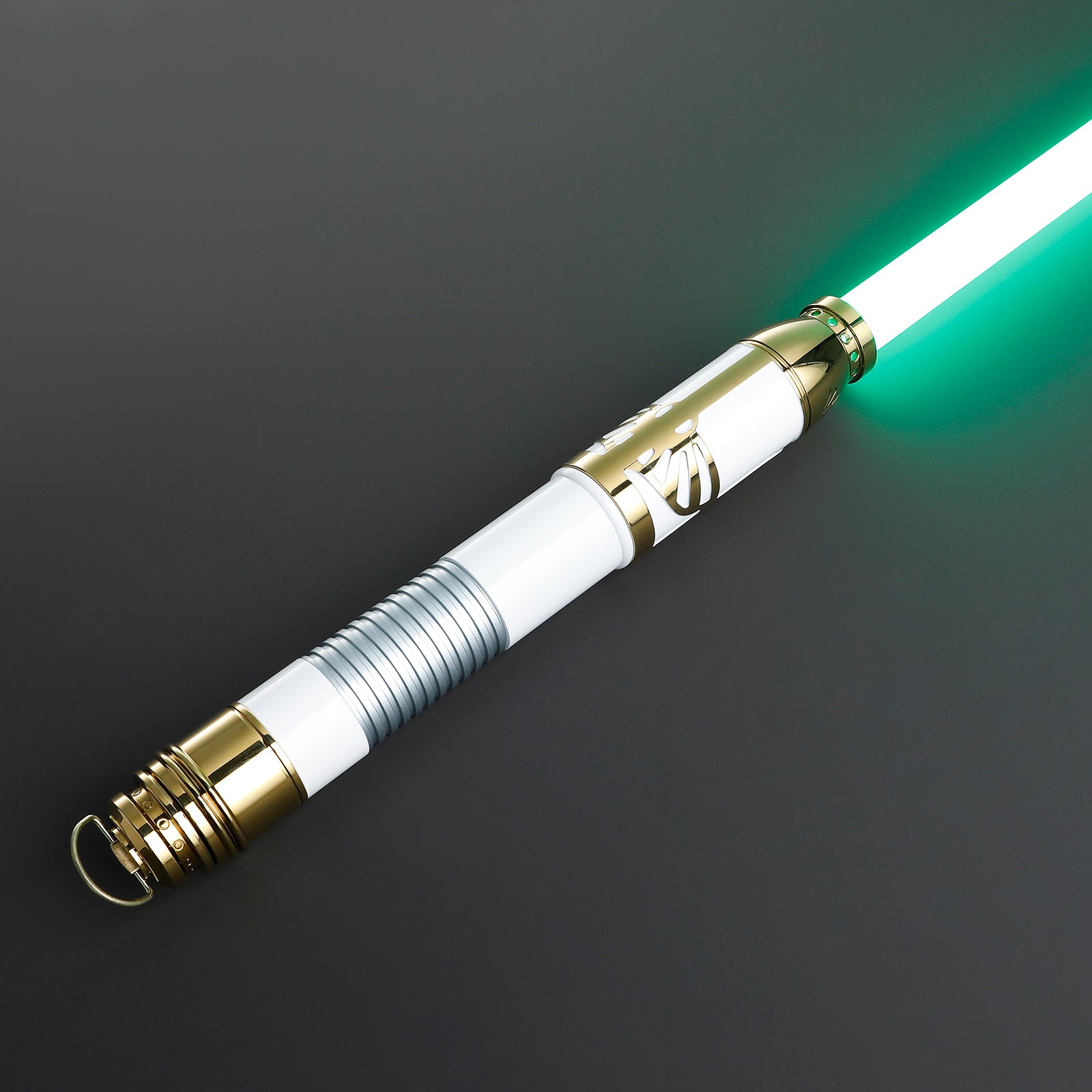 Light saber with gold, white, and green accents on a dark background
