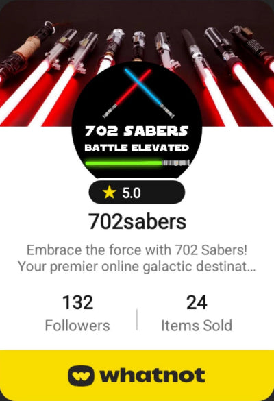 702 Sabers profile card with lightsabers and follower/item sold statistics on a black background